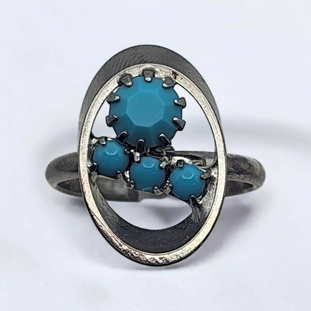 Vintage Ram-Zor Turquoise Rhinestone Silver Tone Adjustable Ring